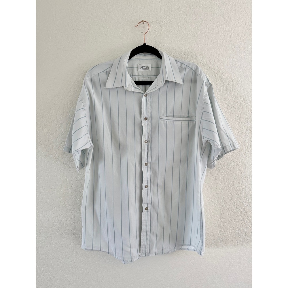 Status Button Down Shirt Mens L Light Blue Vintage Short Sleeve Striped Pocket